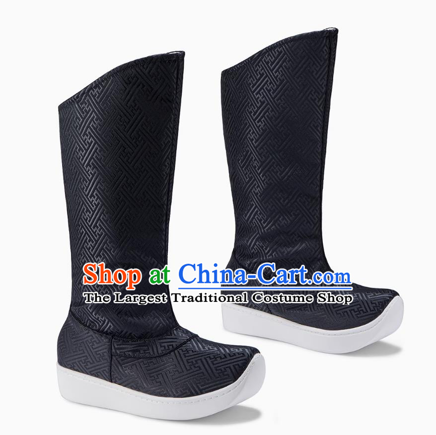 Ancient China Imperial Bodyguard Black Brocade Boots Traditional Hanfu Shoes Chinese Ming Dynasty Swordsman Boots