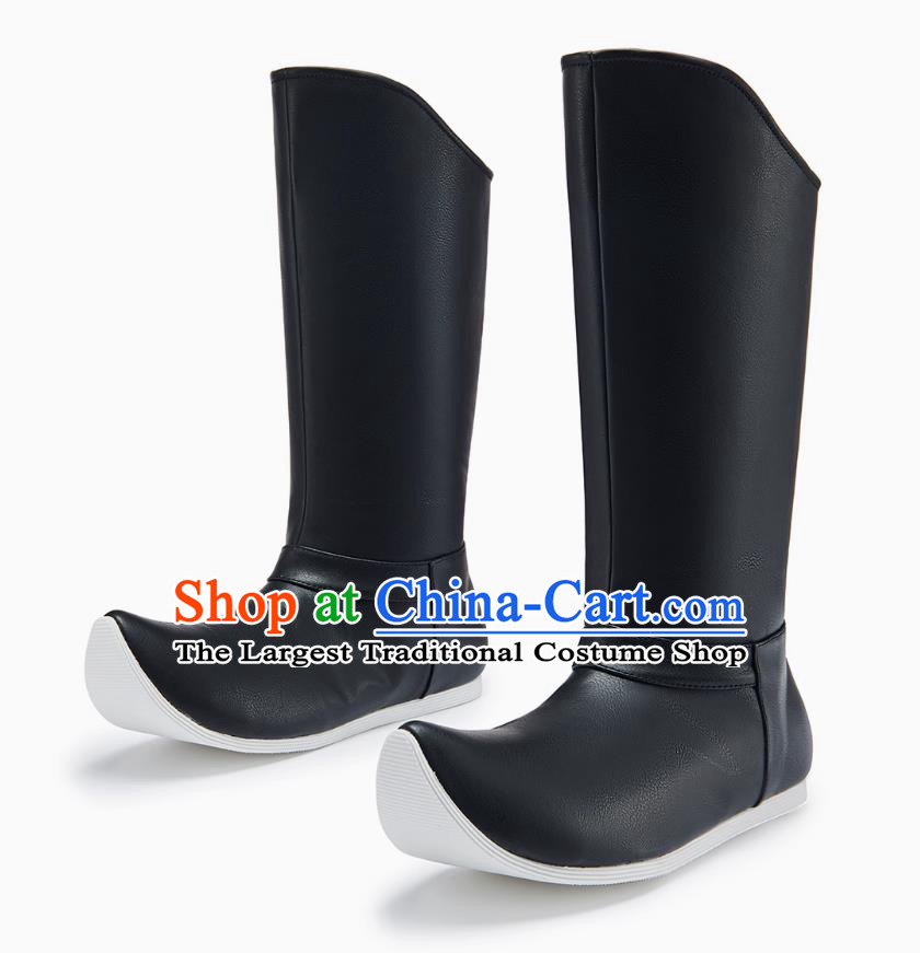 Chinese Song Dynasty Swordsman Boots Ancient China Imperial Bodyguard Black Leather Boots Traditional Hanfu Shoes