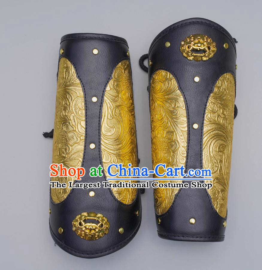 Chinese Ming Dynasty Golden Leather Armguard Ancient China Swordsman Wrist Bands Traditional Hanfu Accessories