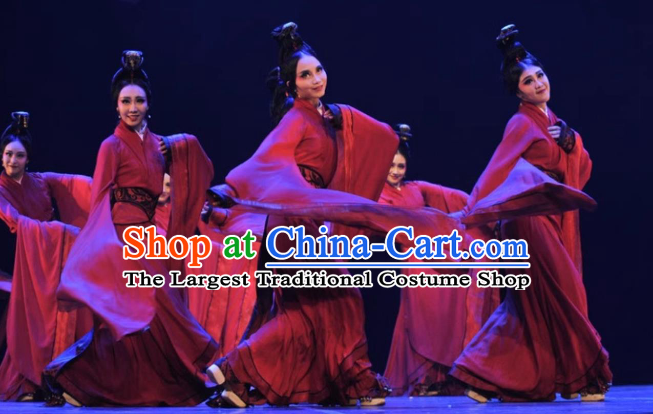 Chinese Classical Dance Han Tang Dance Guan Jiu Red Dress Top Women Group Dance Exhibition Clogger Shoes Dance Costume