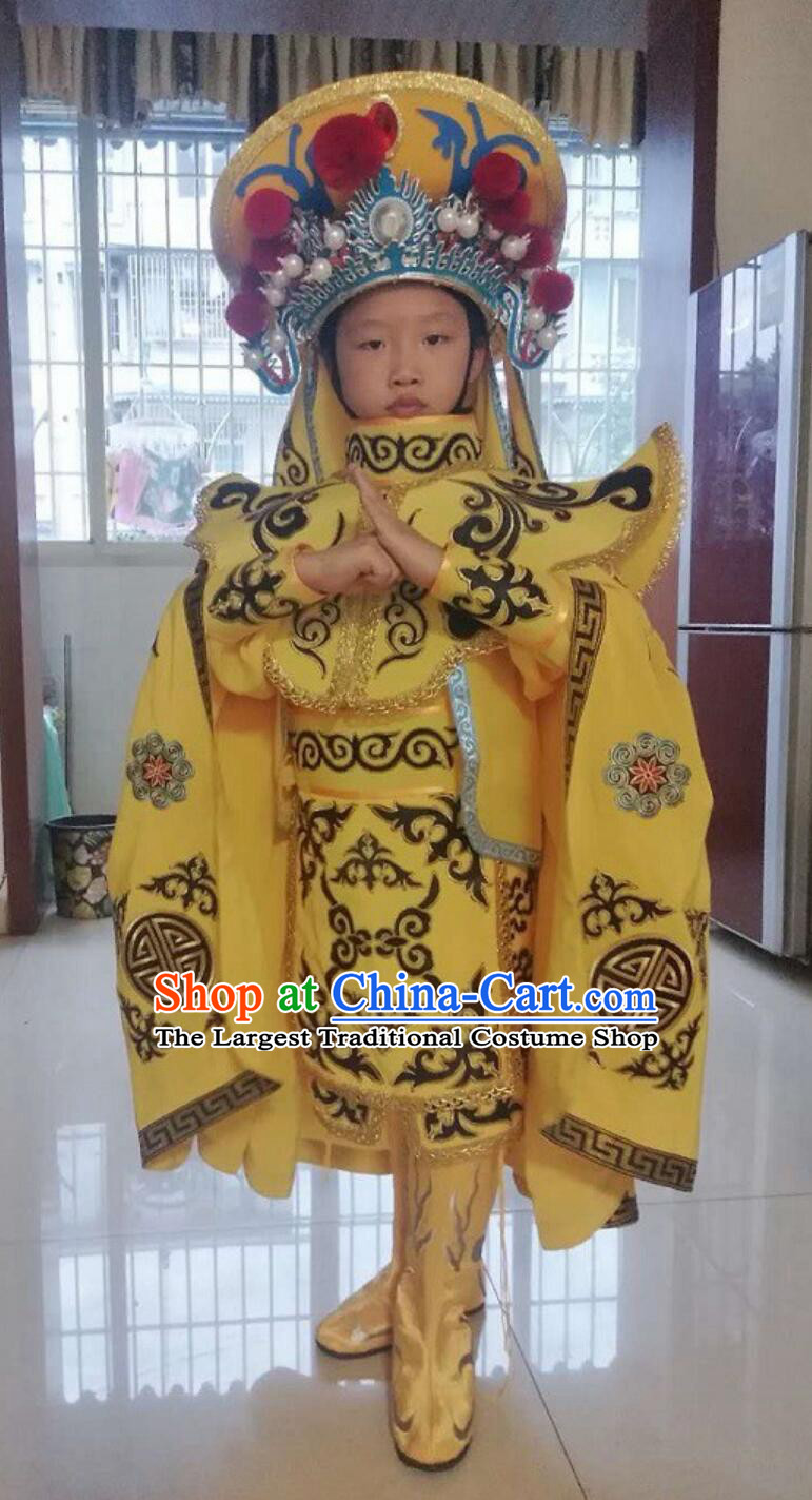 China Classical Mask Change Costumes Yellow Outfit Chinese Bian Lian Mask Changing Clothing and Hat Complete Set for Children