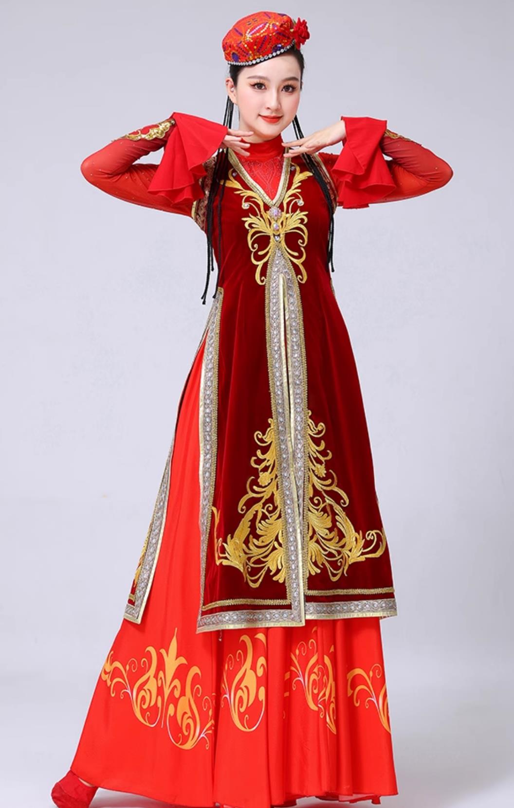 Xinjiang Dance Performance Costume Red Velvet Uyghur Dance Dress Chinese Ethnic Dance Clothing