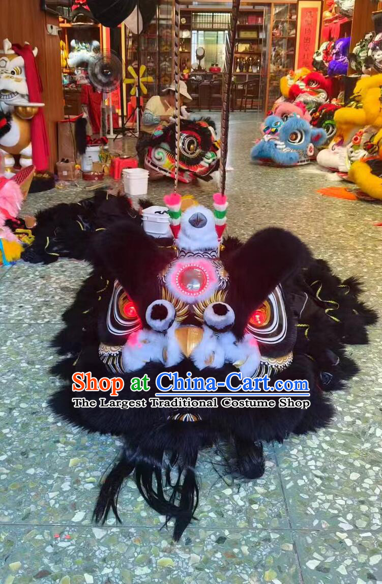 Chinese Festival Dancing Lion Clothing Traditional Black Fur Lion Dance Costume Handmade LED light Eyes Lion Head