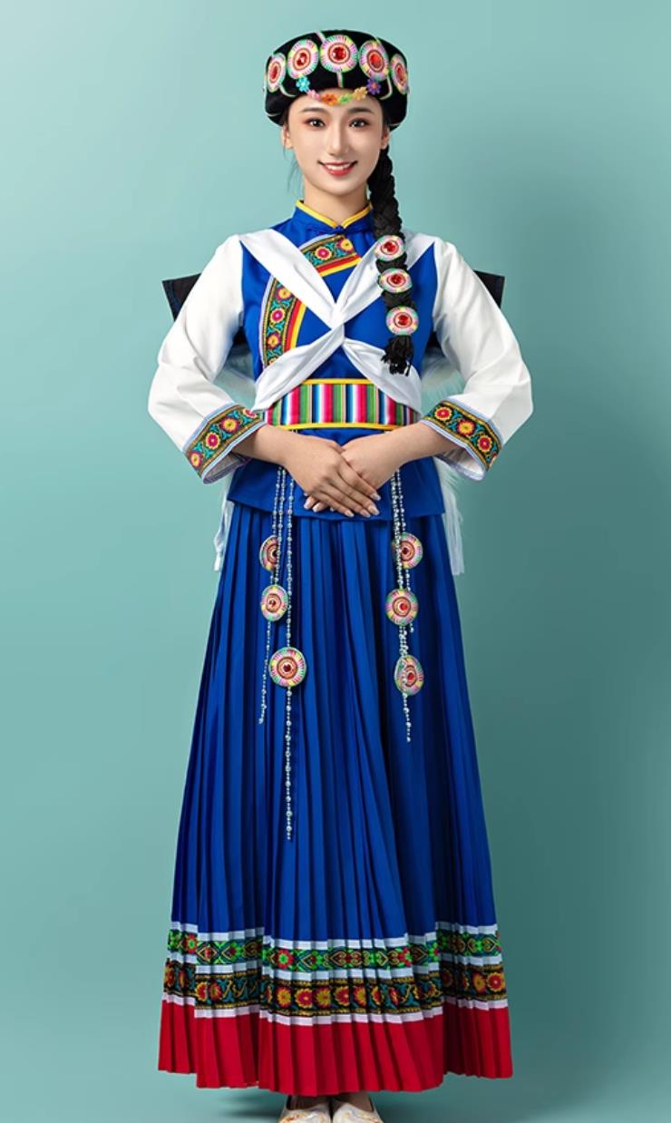 Chinese Naxi Ethnic Minority Costume Traditional Yunnan Folk Dance Performance Blue Attire