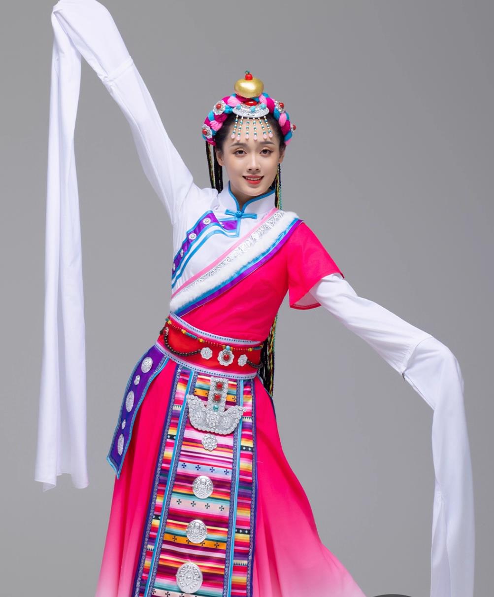 Magenta Tibetan Ceremonial Dress Chinese Ethnic Dance Costume Zang Minority Performance Dress