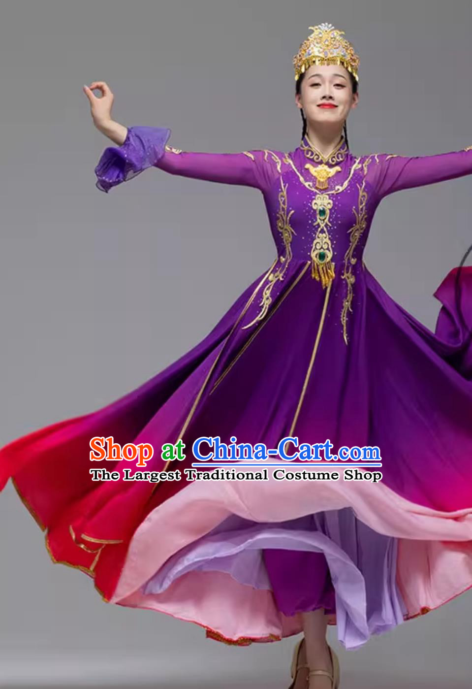 Women Xinjiang Dance Costume Chinese Ethnic Uyghur Minority Performance Purple Dress