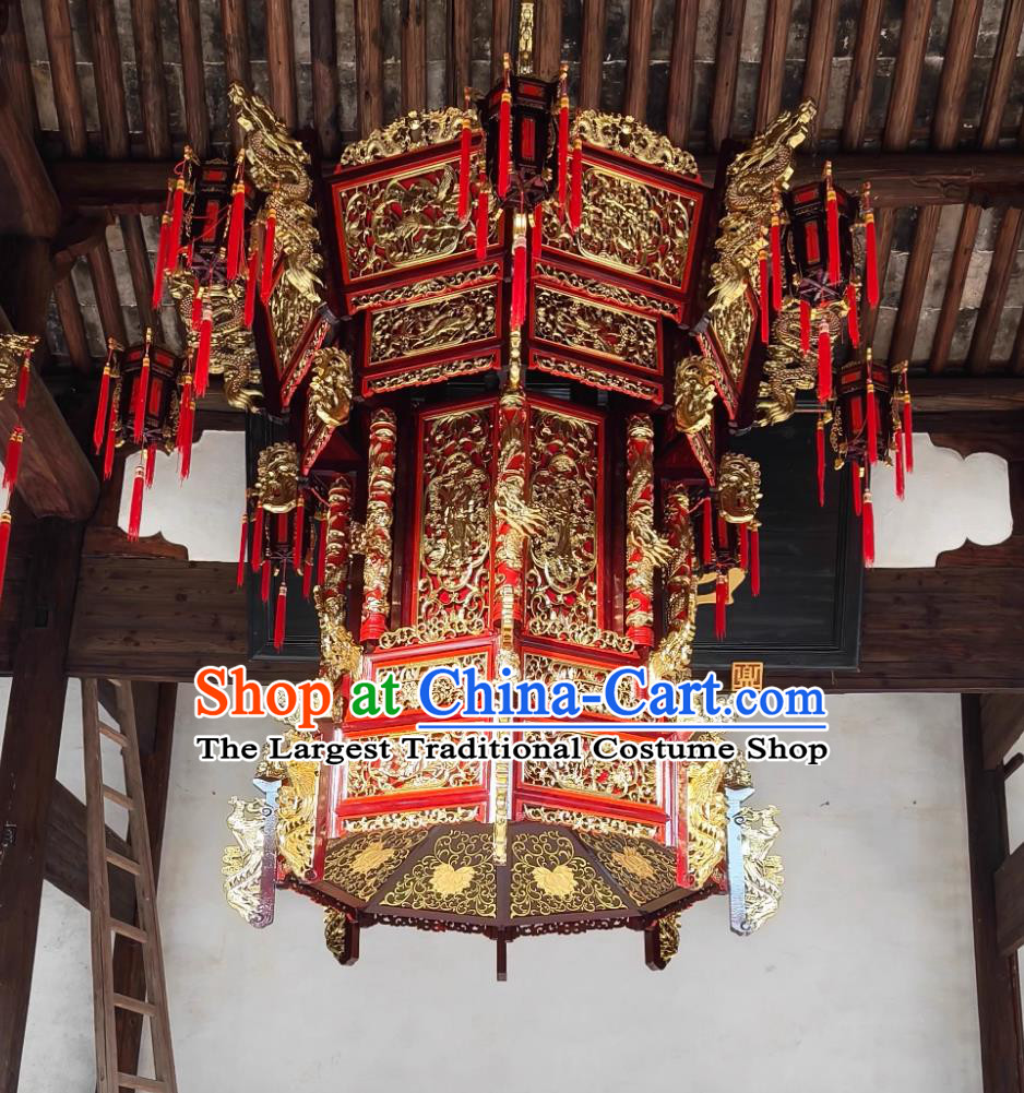 Chinese Wood Lantern Fully Carved Large Dragon Head Gold Gilded Temple Glazed Lamp Hand Painted Antique Palace Lantern