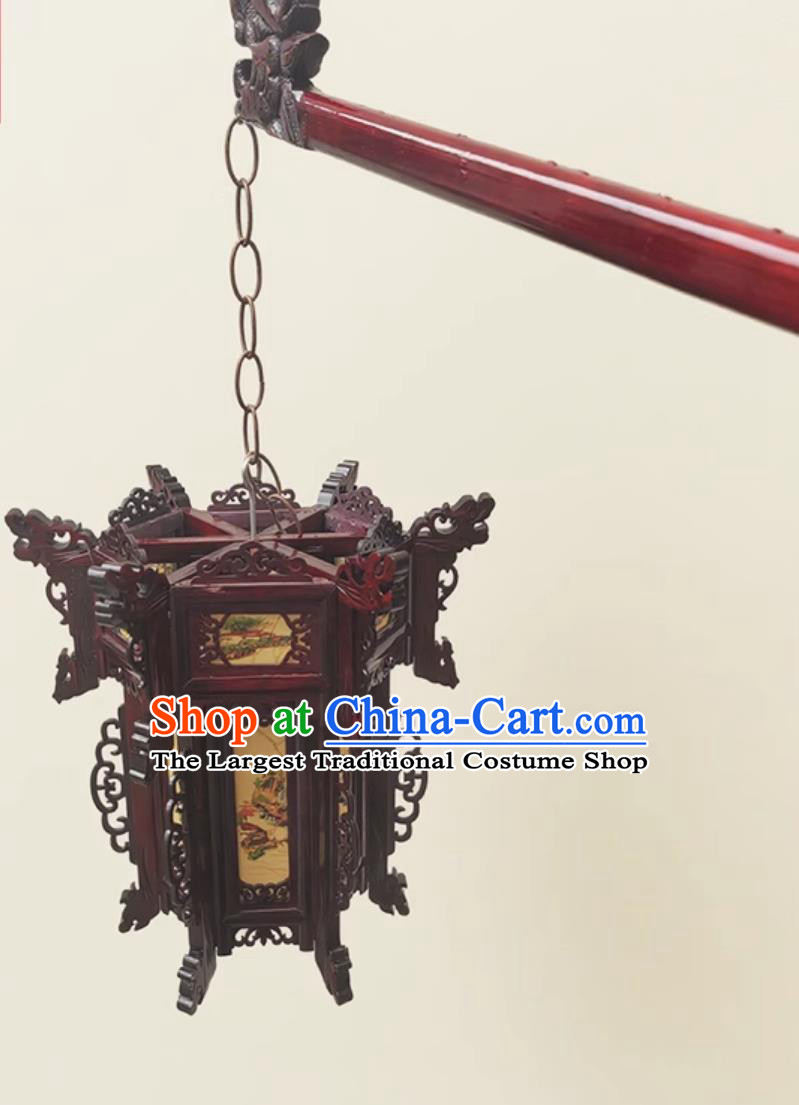 Dancing Handle Hexagonal Wood Mini Palace Lantern Chinese Antique Style Handheld Lantern Traditional Small Wooden Pendant Light