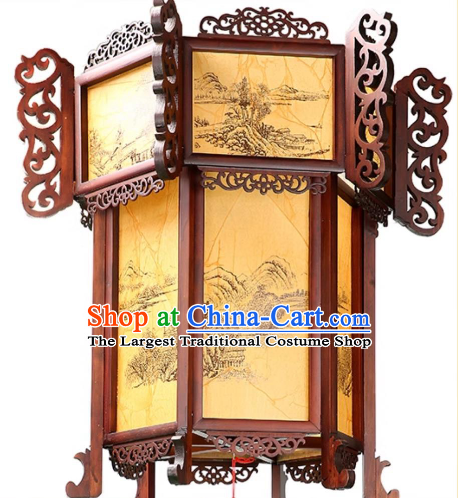 Hand Carved Hexagonal Palace Lantern Chinese Antique Wood Palace Lantern Zen Landscape Pendant Light