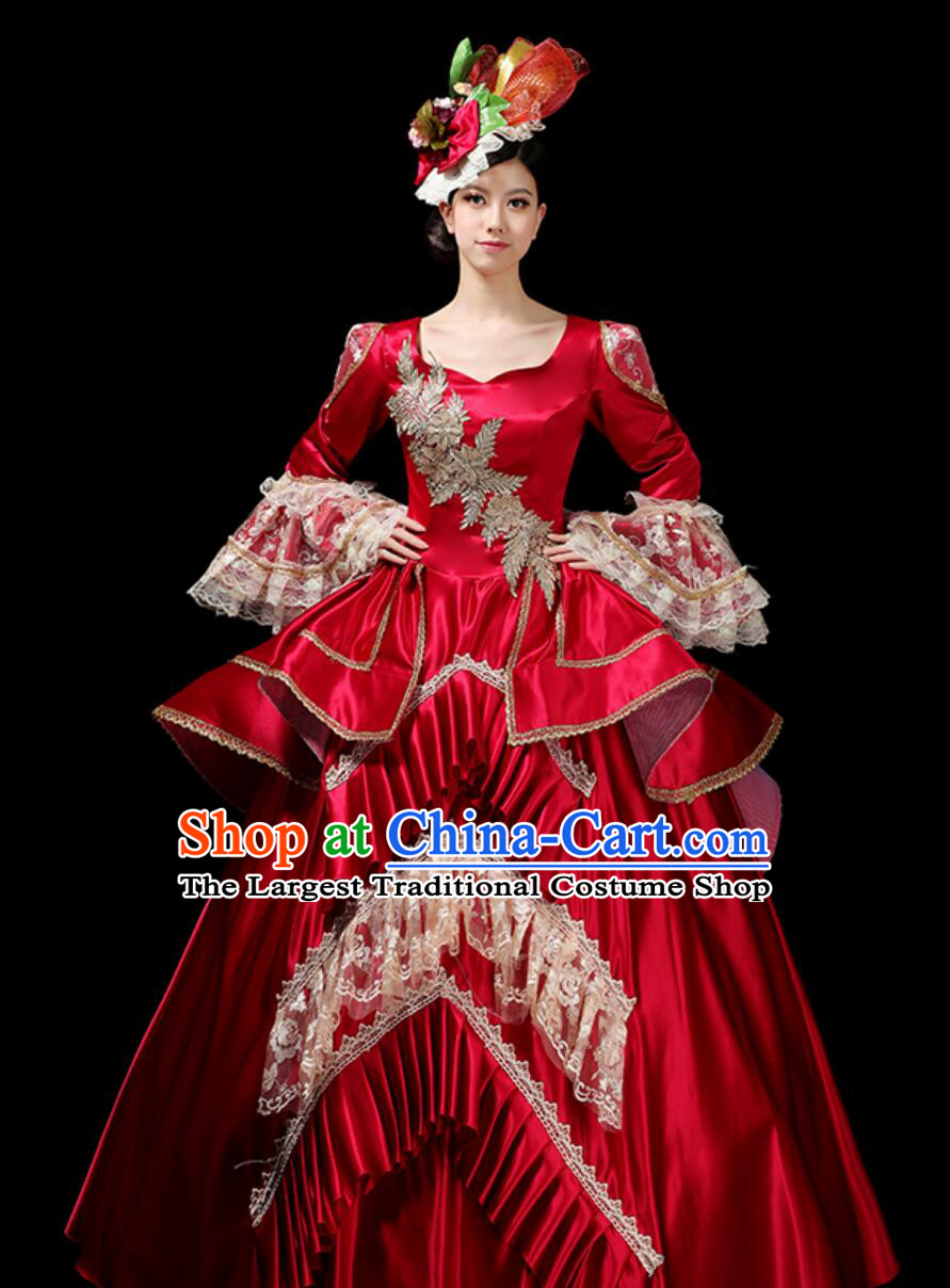 European Style Palace Performance Costume Stage Attire European Gown Group Fashion Show Party Christmas Red Dress
