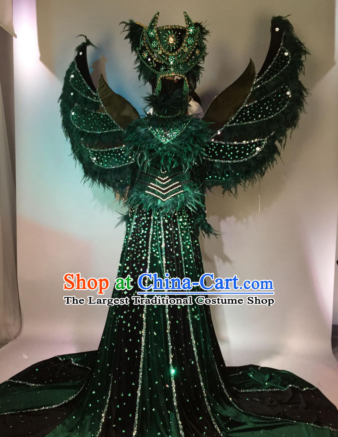 Flannel Green Velvet Performance Costume Magician Stage Feather Outfit Catwalks Clothing
