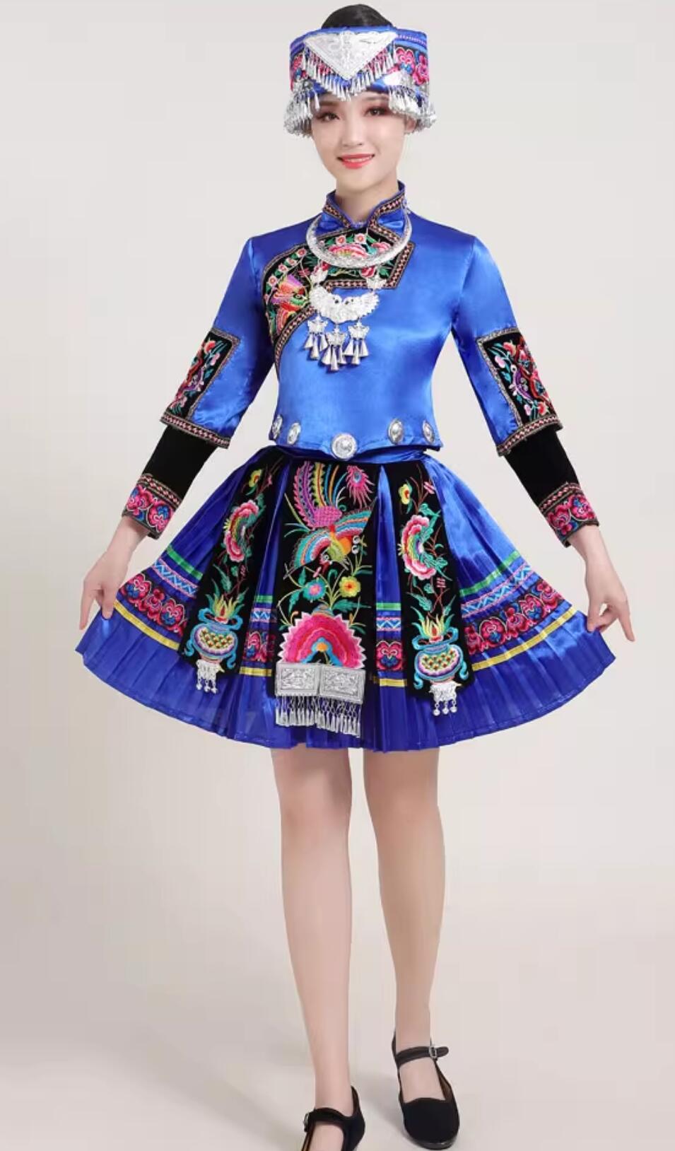 Tujia Minority Embroidered Blouse and Pleated Skirt Chinese Ethnic Woman Costume Traditional Tujia Nationality Dance Blue Outfit
