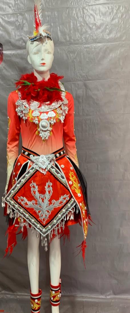Miao Ethnic Solo Dance Phoenix Facing Sun Stage Performance Costume Chinese Minority Nationality Women Dance Red Dress