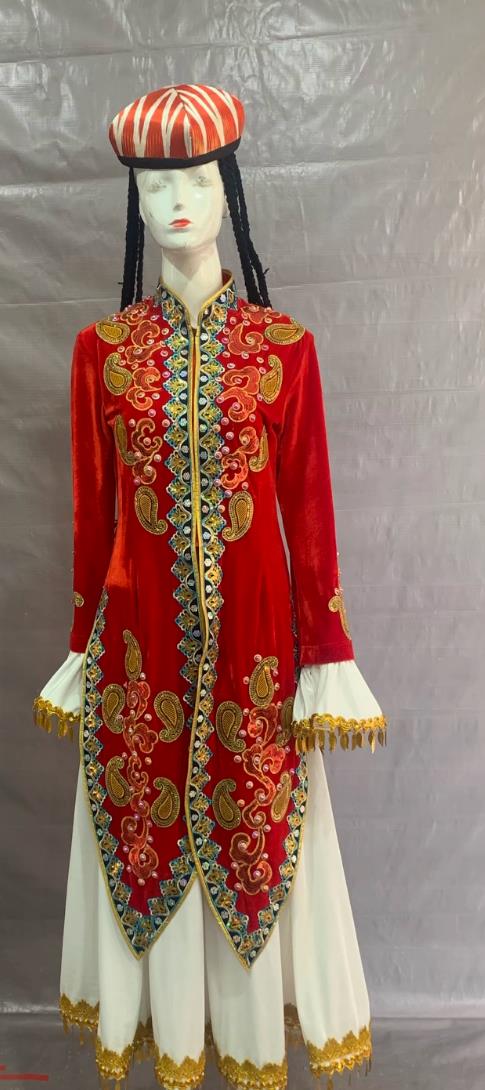 Uzbek Ethnic Costume Chinese 56 Minority Performance Attire Red Long Dress Set