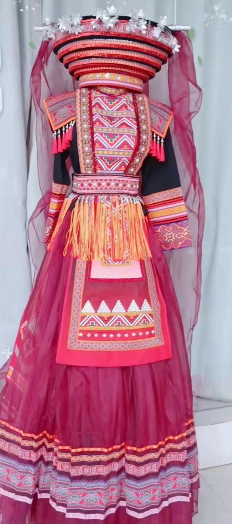 Miao Ethnic Dance Performance Costume Women Minority Hulusi Performance Black Red Long Dress