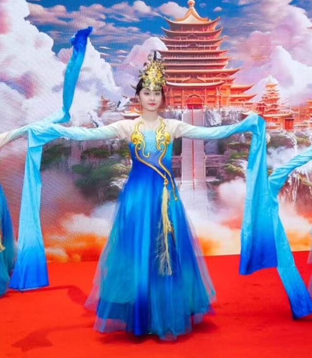 Chinese Classical Performance Clothing Water Sleeve Dance Costume Women Han Tang Dance Long Sleeve Blue Dress