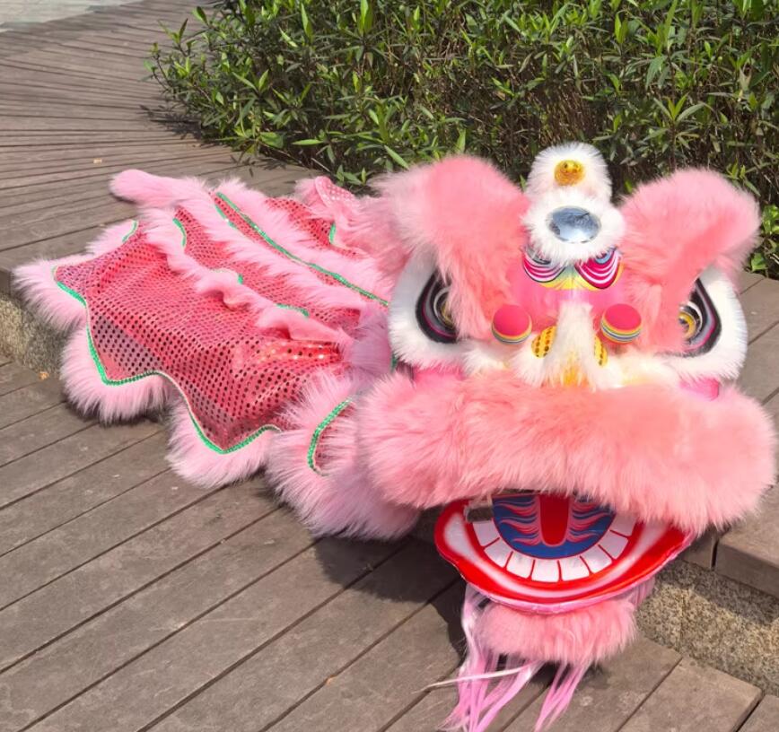 One Kid Lion Dance Clothing Handmade Pink Lion Head Chinese Dancing Lion Costume Complete Set
