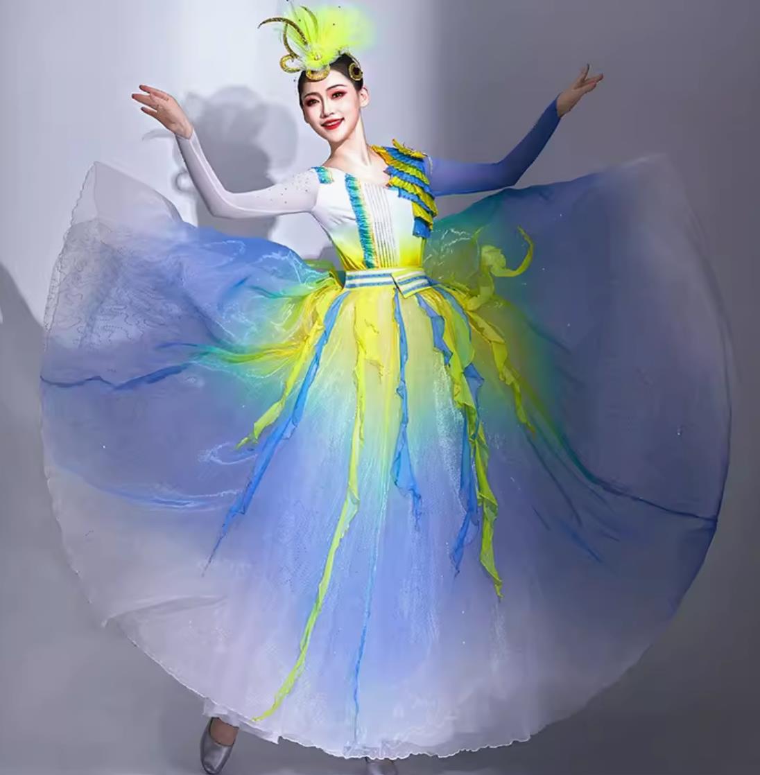 Classical Dance Costume Women Umbrella Dance Opening Dance Flaring Dress Group Stage Performance Clothing