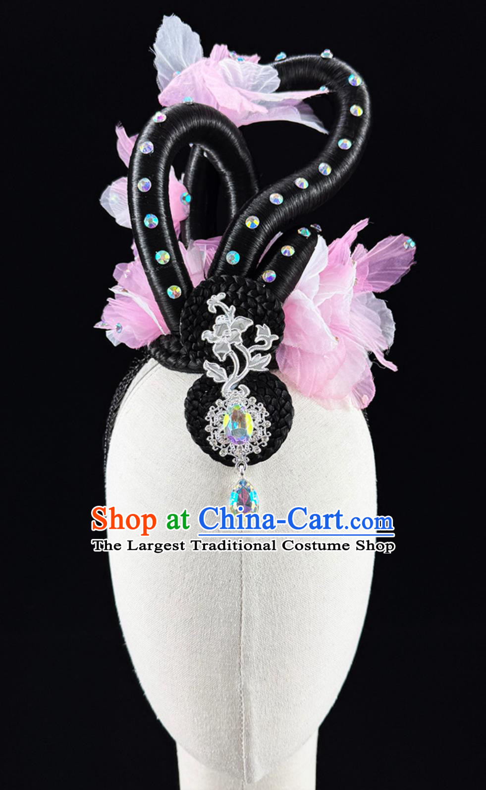 Chinese Dance Performance Headdress Classical Dance Pink Flower Headpiece Zui Jing Bo Han Tang Beauty Wig
