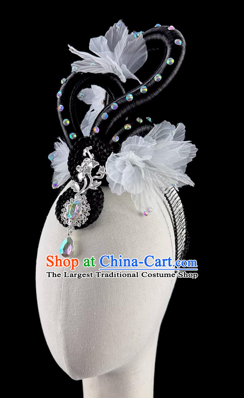 Classical Dance White Flower Headpiece Zui Jing Bo Han Tang Beauty Wig Chinese Dance Performance Headdress