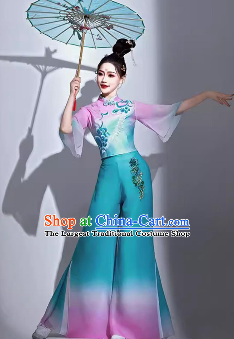 Women Group Dance Costume Chinese Classical Dance Clothing Jiaozhou Yangko Performance Lake Blue Outfit