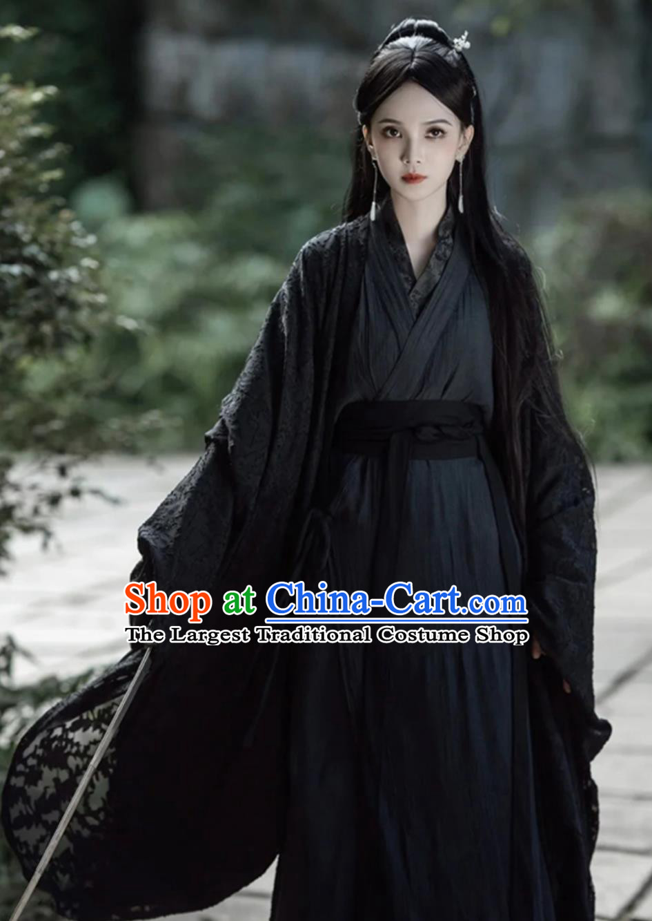 Black Hanfu Chinese Wei Jin Costume Ancient Swordswoman Clothing Wide Sleeves Dress
