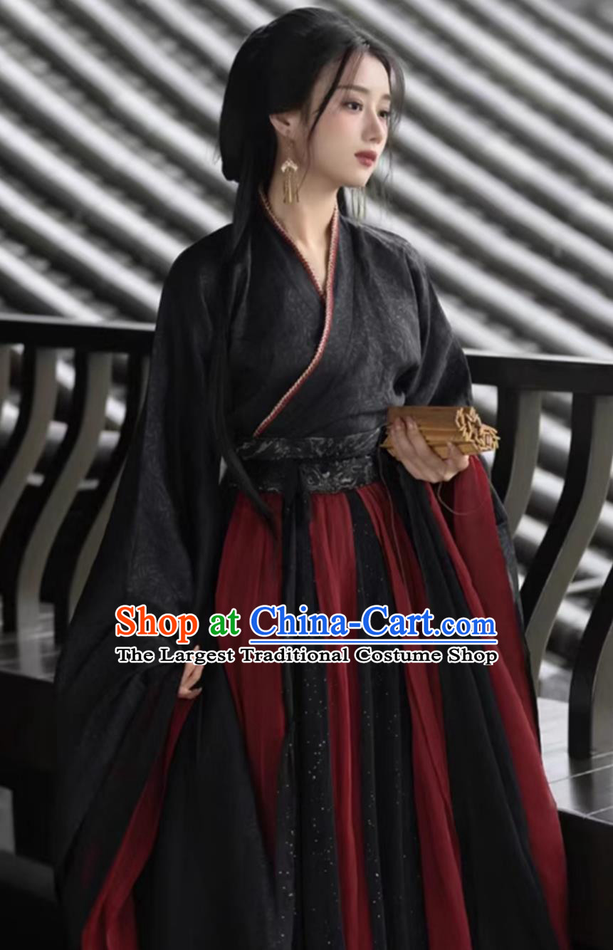 Traditional Wei Jin Dynasty Hanfu Ancient Chinese Swordswoman Costumes Black Wide Sleeve Shirt and Red Skirt Complete Set