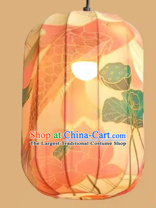 Printed Pink Koi Lotus Lamp Chinese Style Lantern Waterproof Pendant Lantern