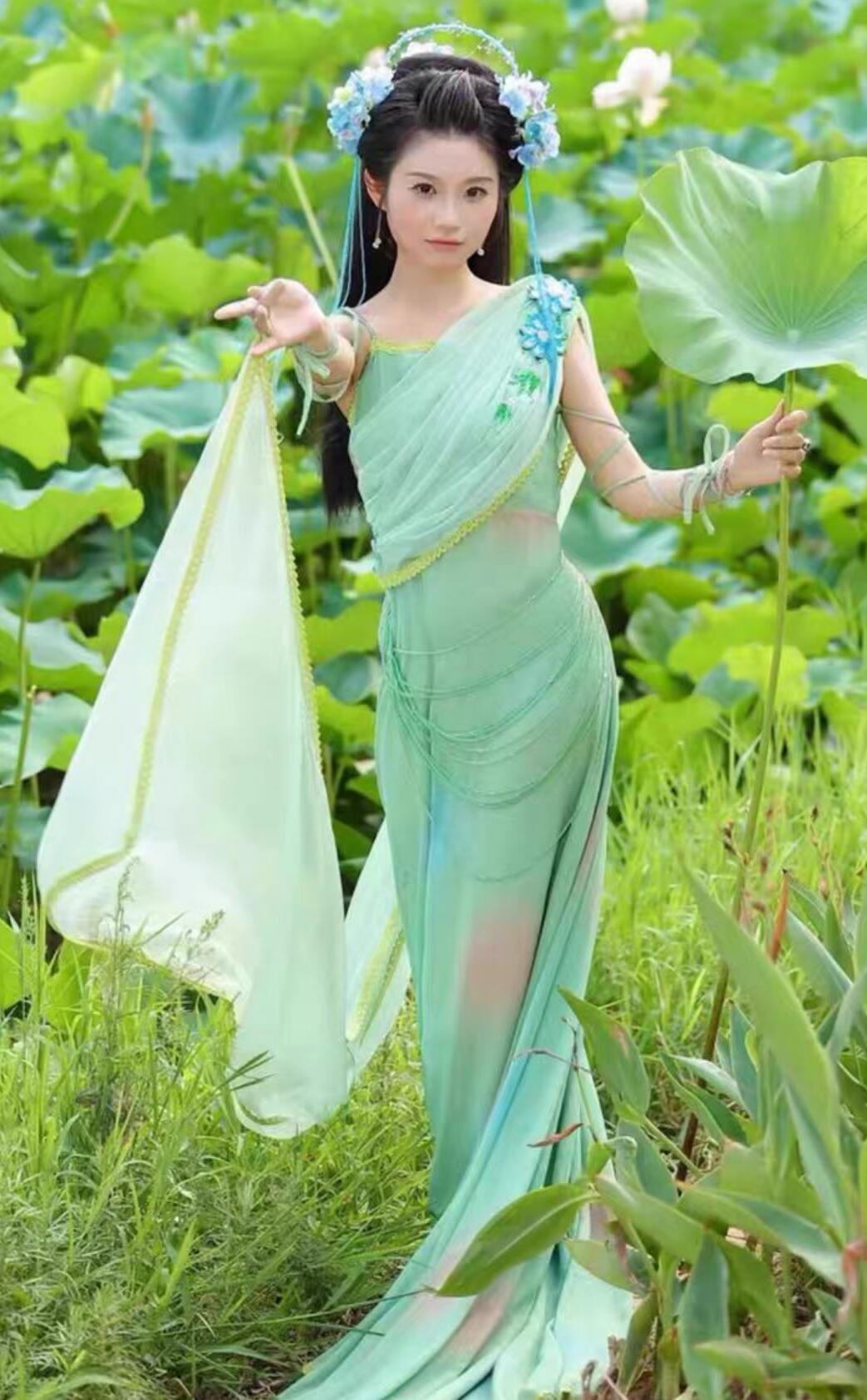 Ancient Chinese Costume Joy Of Heaven And Earth Seven Fairies Green Dress Chinese Xianxia Traditional Hanfu