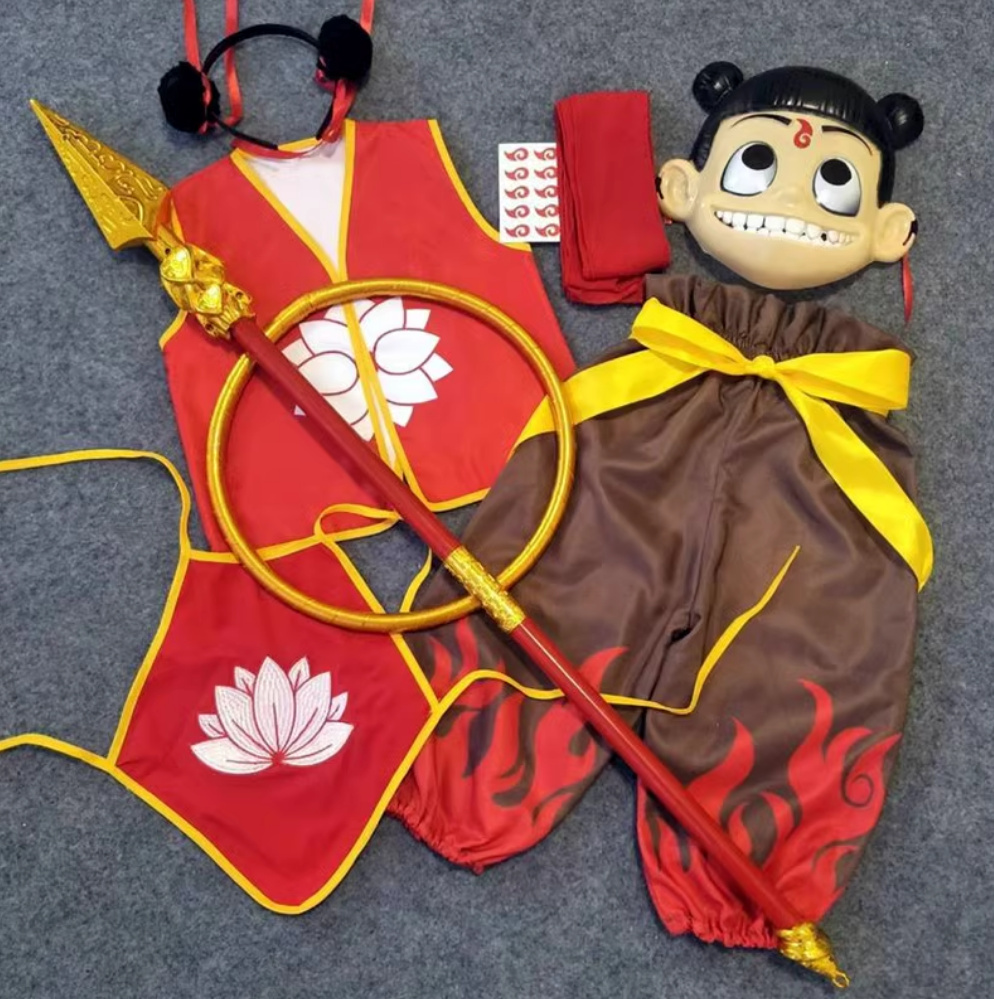 China Nezha Costume Chinese Ne Zha Costumes Asian Traditional Na Zha Clothing and Mask Complete Set for Kids and Adults