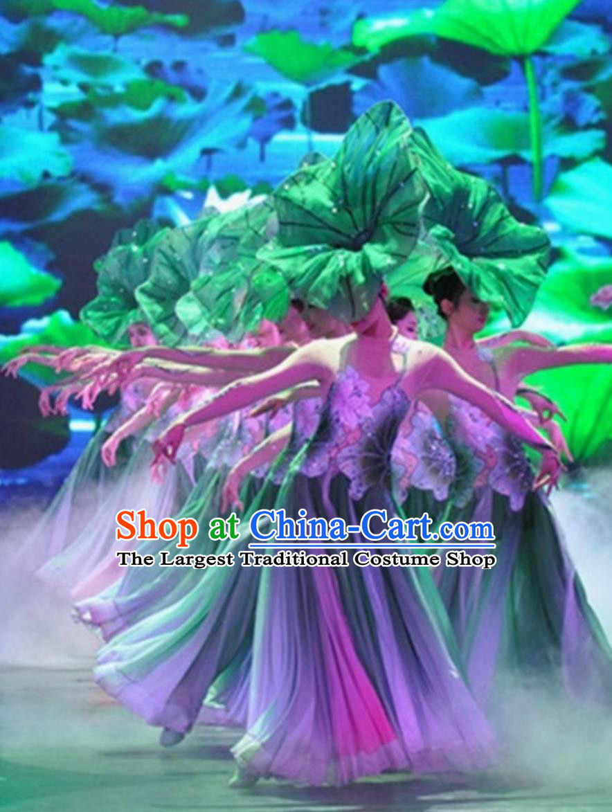 Chinese Style Classical Dance Costume Flowing Long Dress Modern Lotus Group Performance Garment