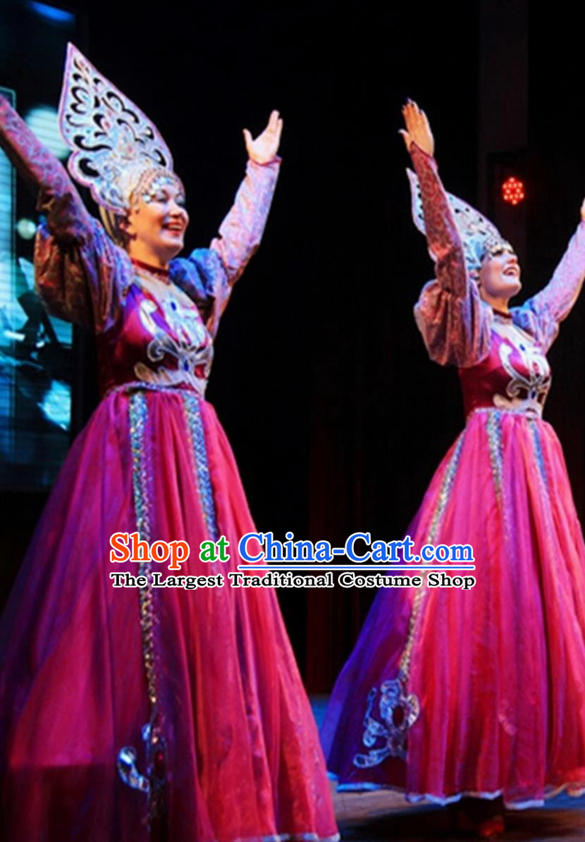 Rose Red Russian Ethnic Traditional Dance Costume Performance Outfit Stage Show Opening Dance Flared Dress