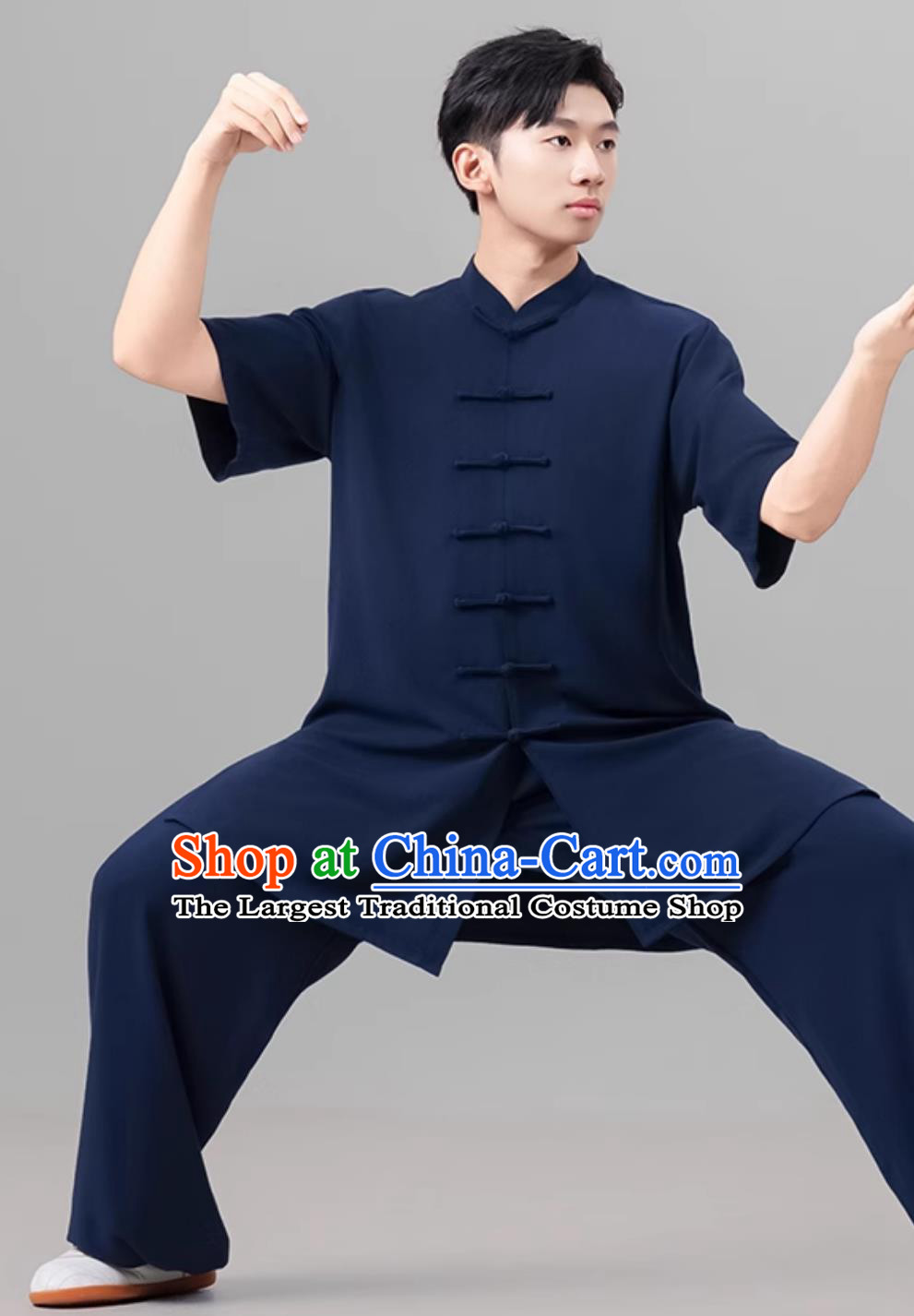 Chinese Style Men Tai Chi Suit Summer Short Sleeve Tai Chi Ba Duan Jin Training Navy Suit