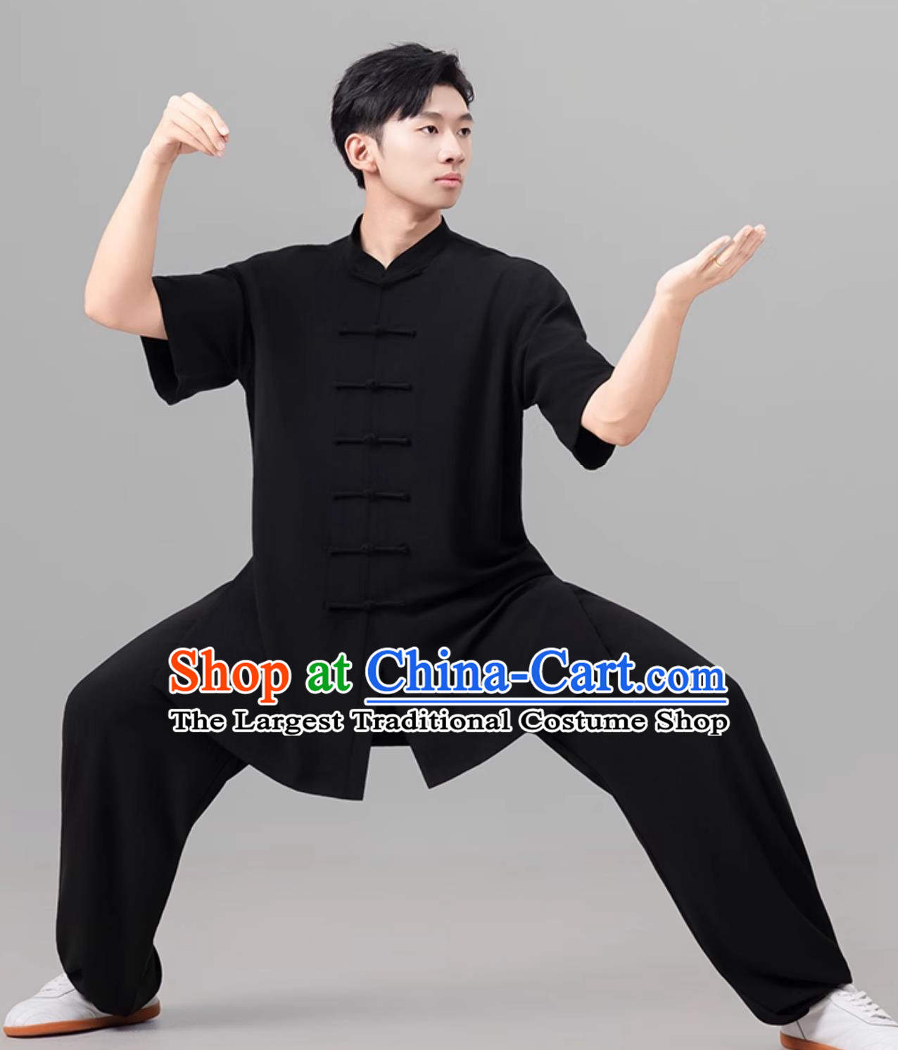 Black Chinese Style Men Tai Chi Suit Summer Short Sleeve Tai Chi Ba Duan Jin Training Suit