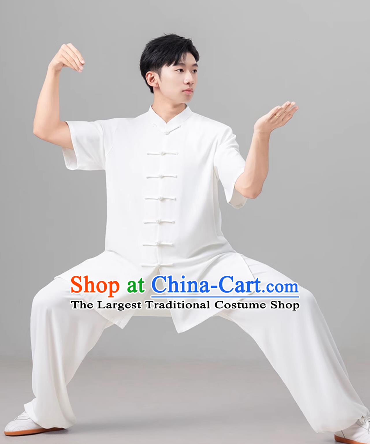 White Chinese Style Men Tai Chi Suit Summer Short Sleeve Tai Chi Ba Duan Jin Training Suit