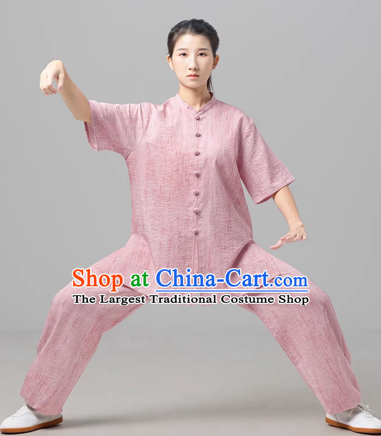 Pink Women Tai Chi Suit Short Sleeve Taiji Uniform Ba Duan Jin Training Outfit