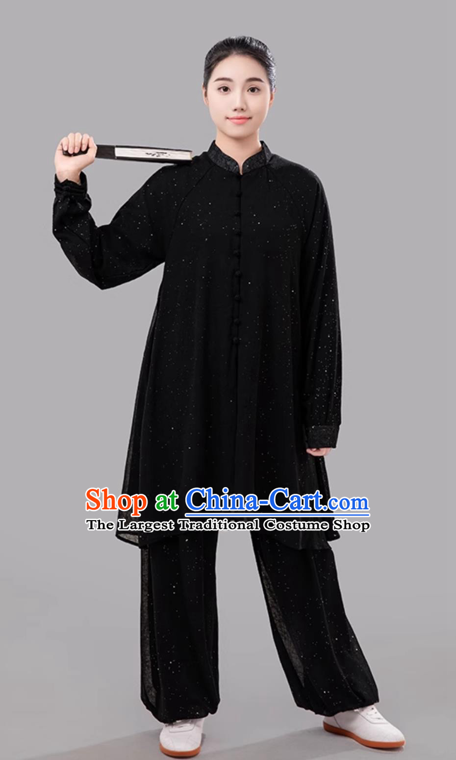 Black Summer Women Tai Chi Suit Long Sleeve Outfit Double Layer Silver Gauze Chinese Style Competition Performance Uniform