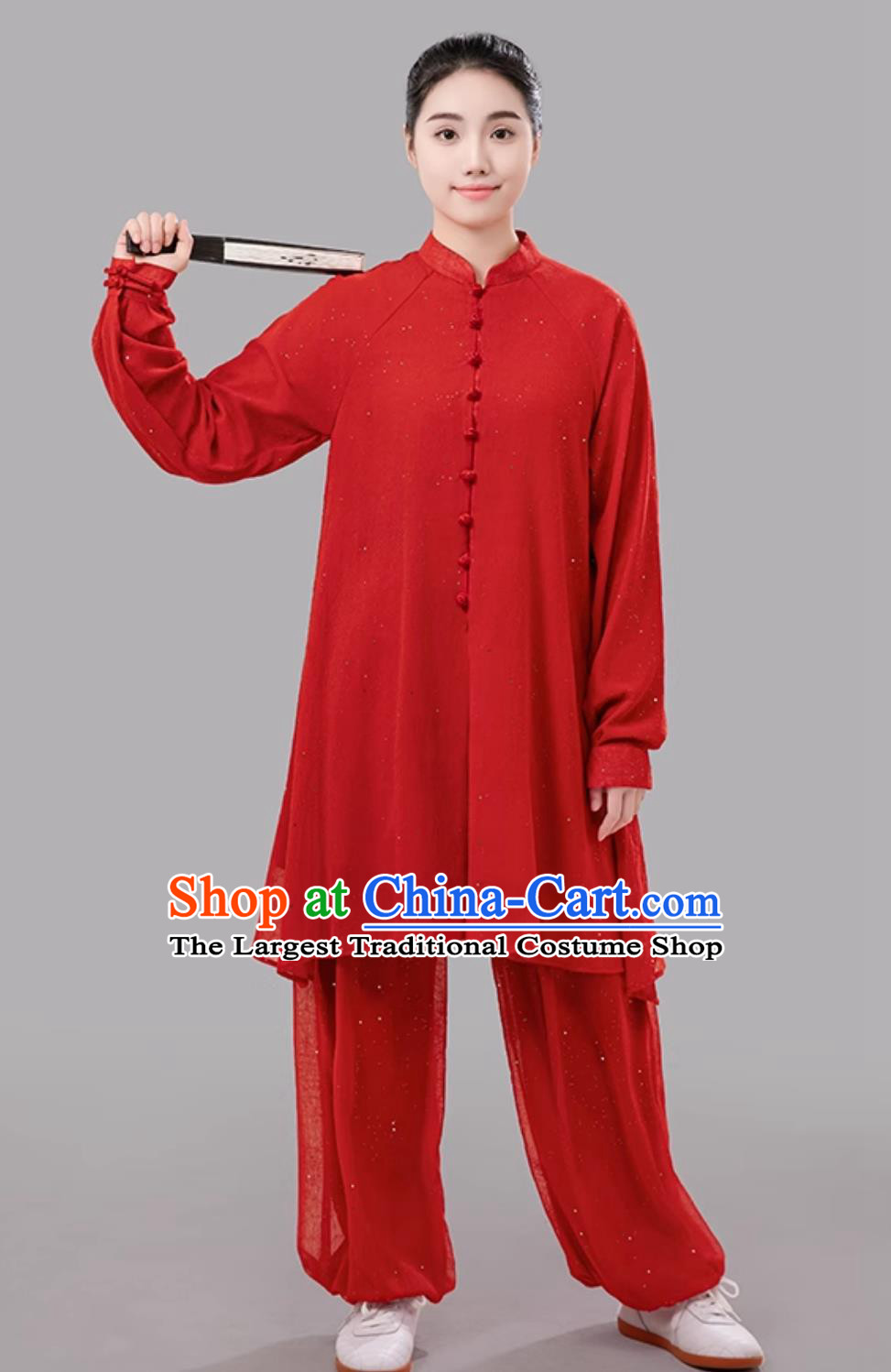 Red Summer Women Tai Chi Suit Long Sleeve Outfit Double Layer Silver Gauze Chinese Style Competition Performance Uniform