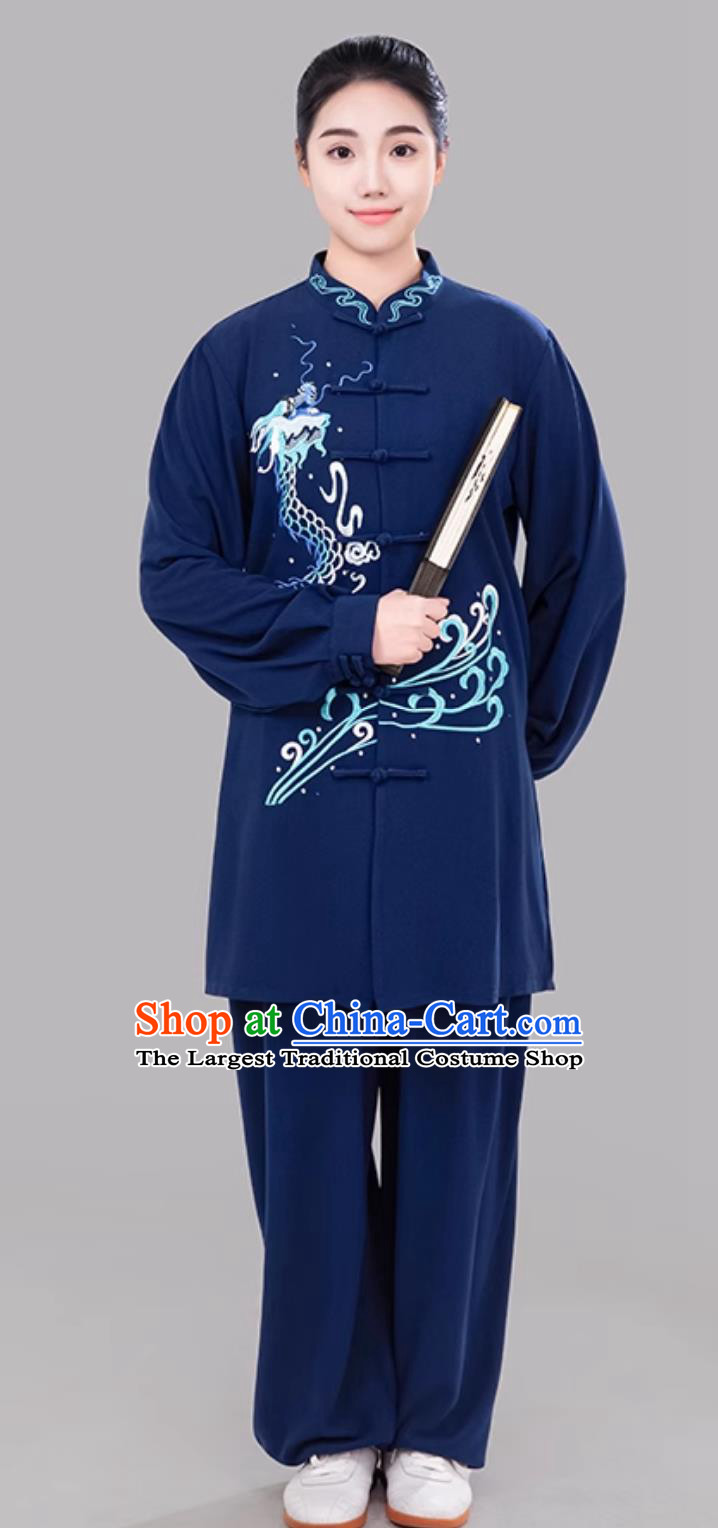 Navy Blue Tai Chi Suit Embroidered Dragon Taiji Competition Performance Training Suit Mid Long Uniform