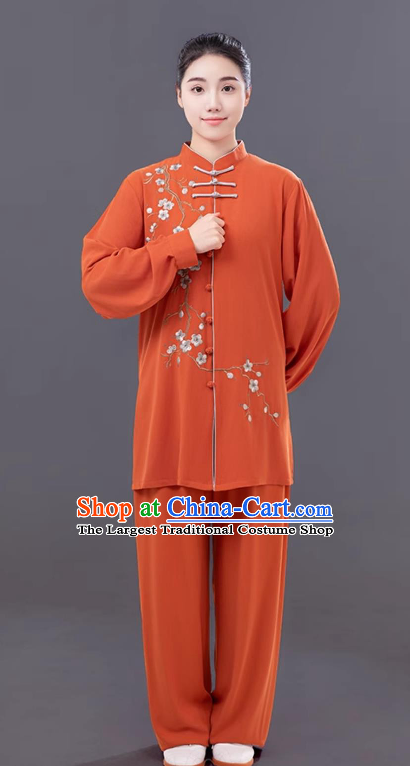 Women Embroidered Plum Blossom Tai Chi Suit Martial Arts Competition Performance Orange Outfit