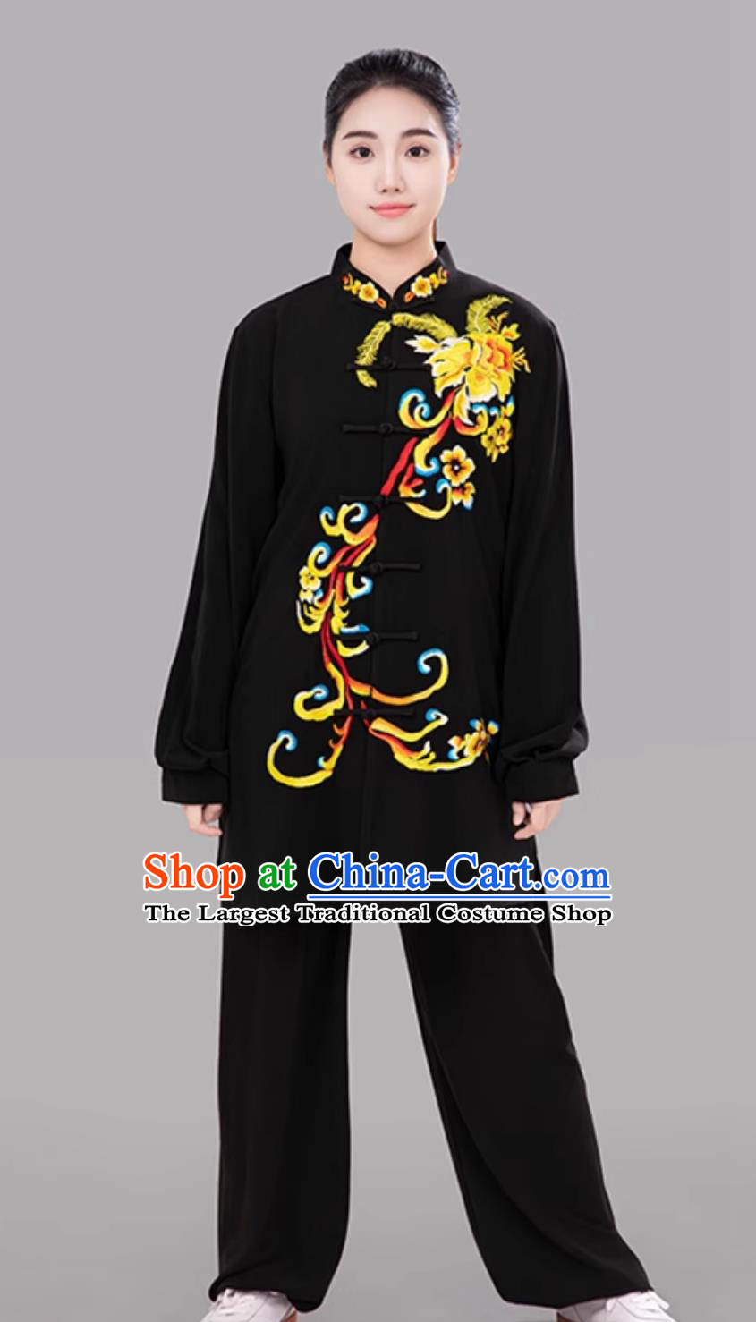Black Women Embroidered Floral Tai Chi Suit Ba Duan Jin Tai Chi Competition Performance Training Clothing Martial Arts Outfit