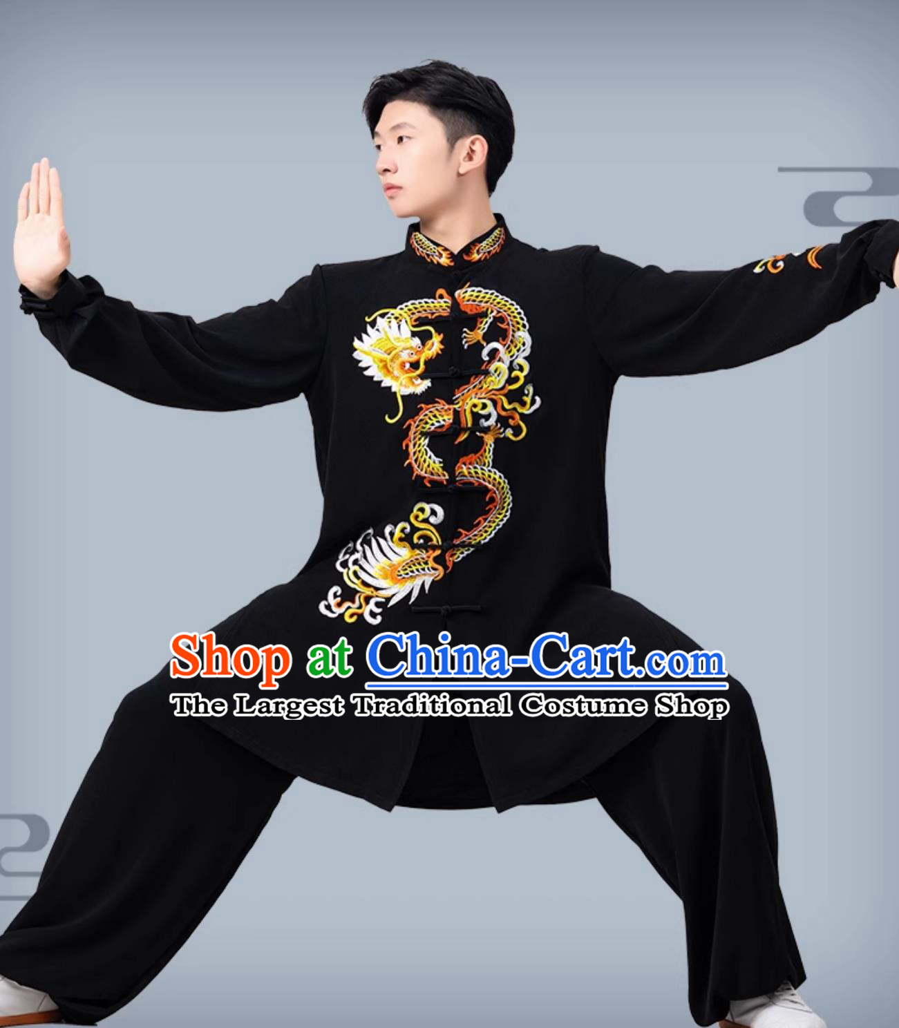Dragon Embroidered Tai Chi Black Suit Tai Chi Training Clothing Martial Arts Performance Costume