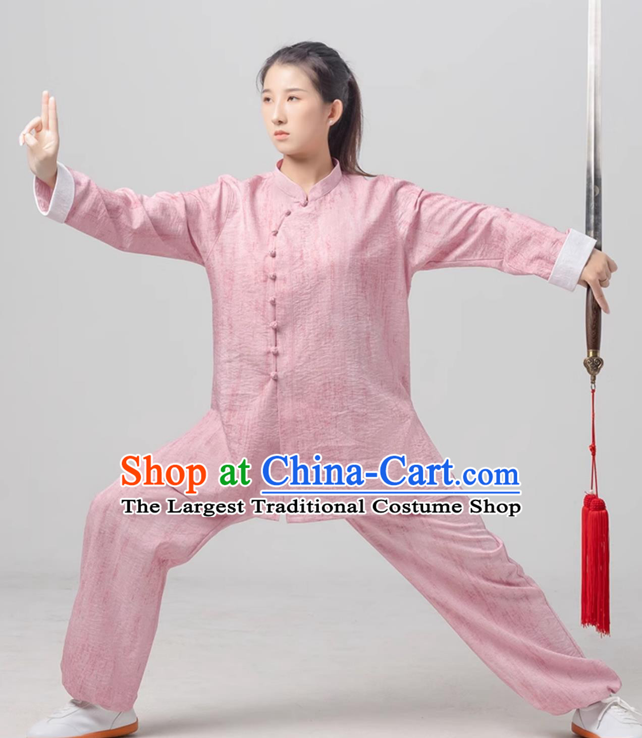 Women Diagonal Collar Tai Chi Suit Chinese Ba Duan Jin Pink Uniform Tai Chi Training Costume