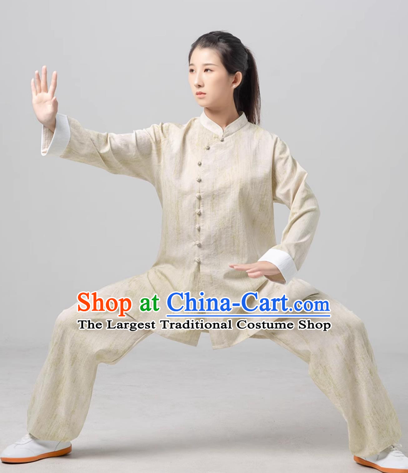 Chinese Ba Duan Jin Beige Uniform Tai Chi Training Costume Women Diagonal Collar Tai Chi Suit