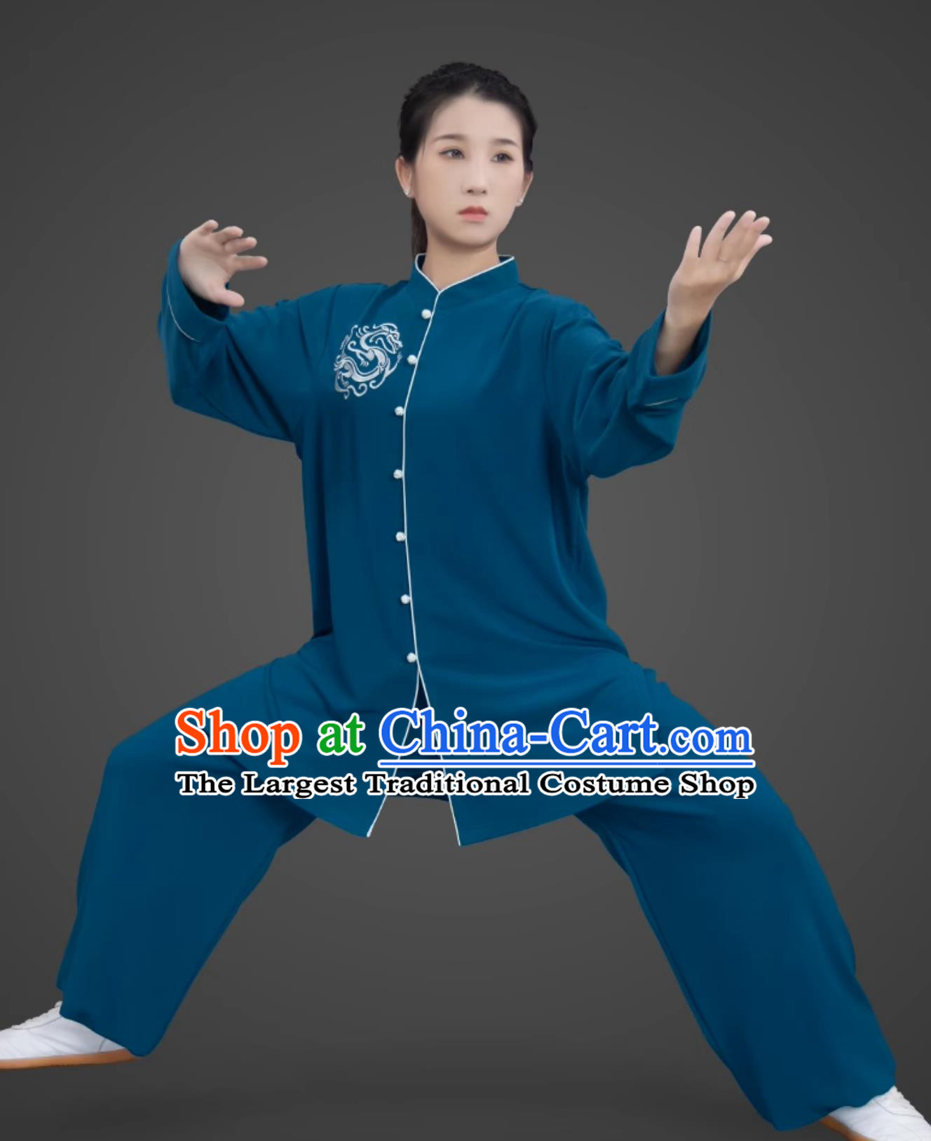 Teal Embroidered Women Tai Chi Suit Mid Long Taiji Competition Uniform Kung Fu Performance Training Costume