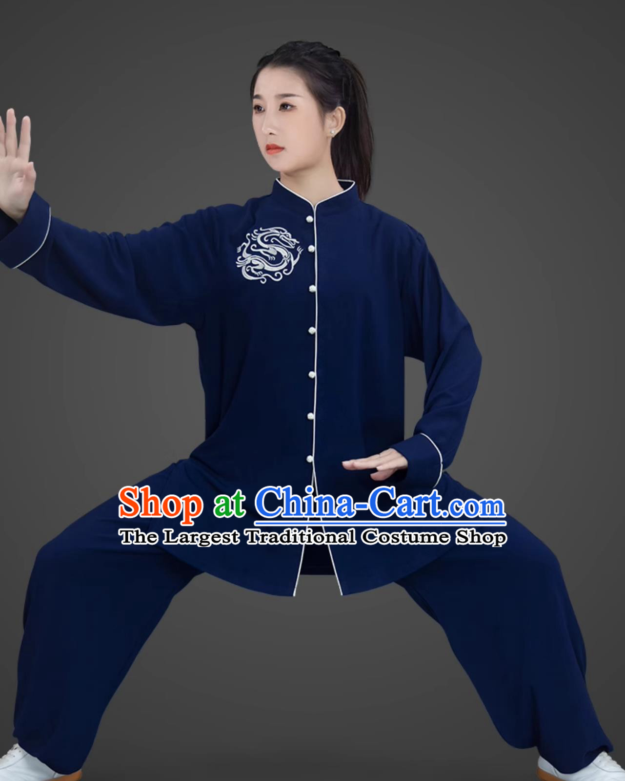 Navy Blue Embroidered Women Tai Chi Suit Mid Long Taiji Competition Uniform Kung Fu Performance Training Costume
