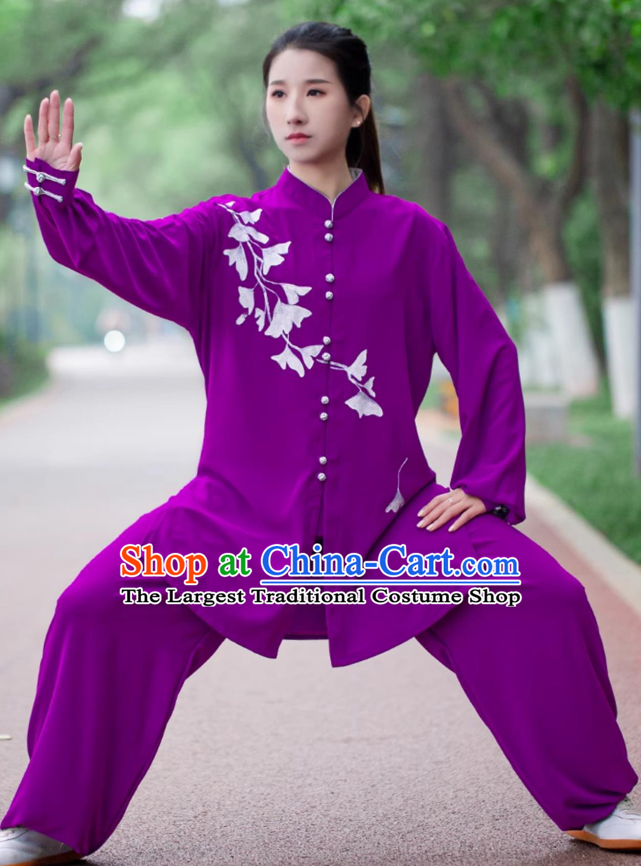 Hand Painted Ginkgo Leaf Women Tai Chi Uniform Tai Chi Performance Clothing Martial Arts Training Purple Outfit