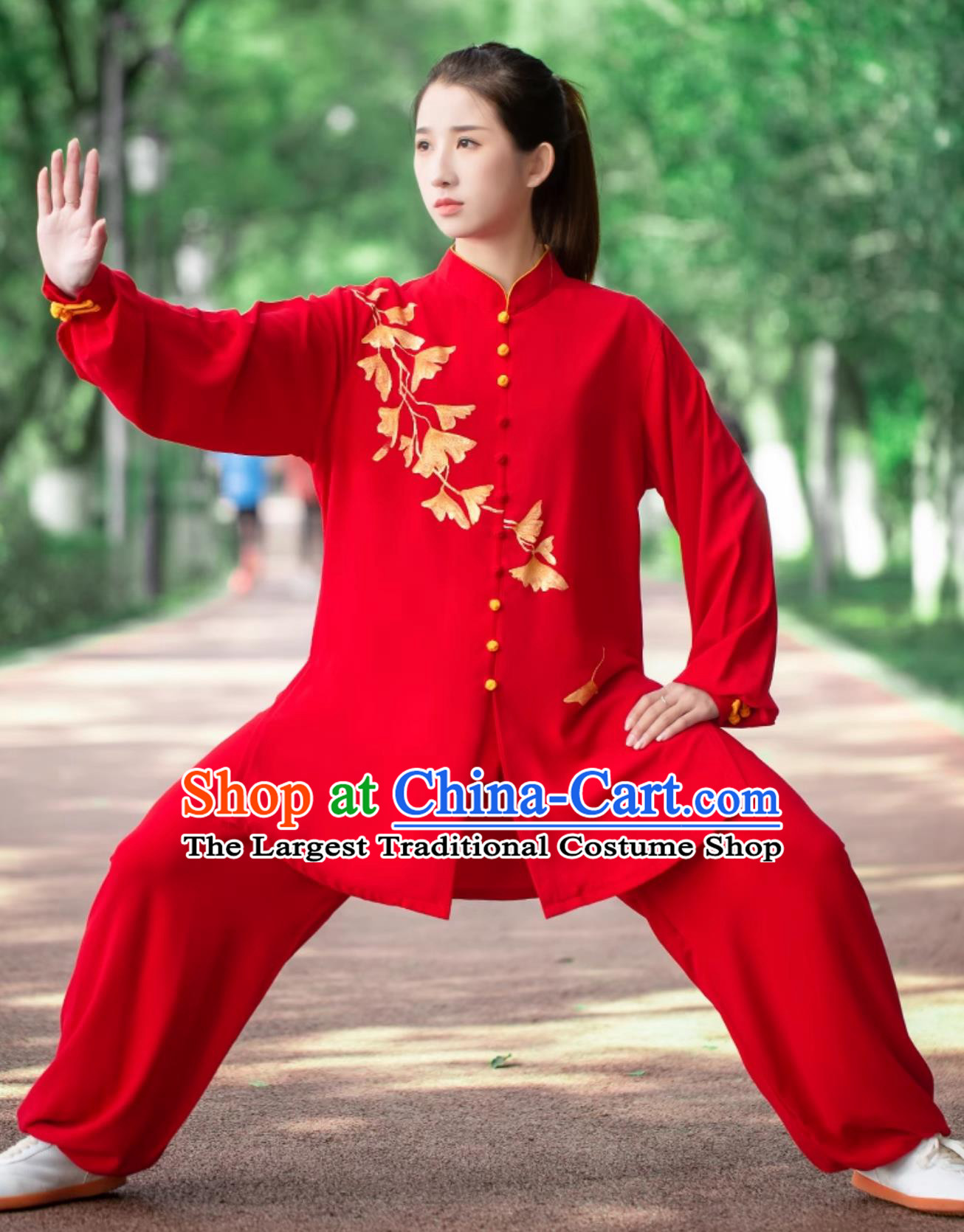 Martial Arts Training Red Outfit Hand Painted Ginkgo Leaf Women Tai Chi Uniform Tai Chi Performance Clothing