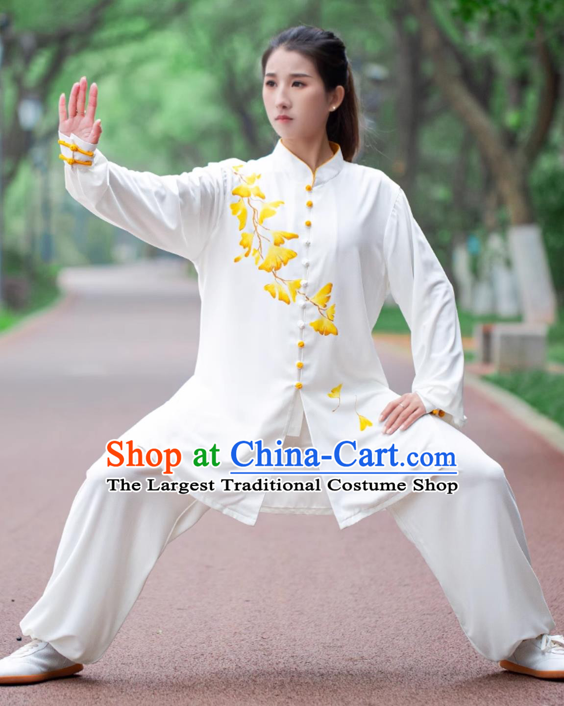 Tai Chi Performance Clothing Martial Arts Training White Outfit Hand Painted Ginkgo Leaf Women Tai Chi Uniform