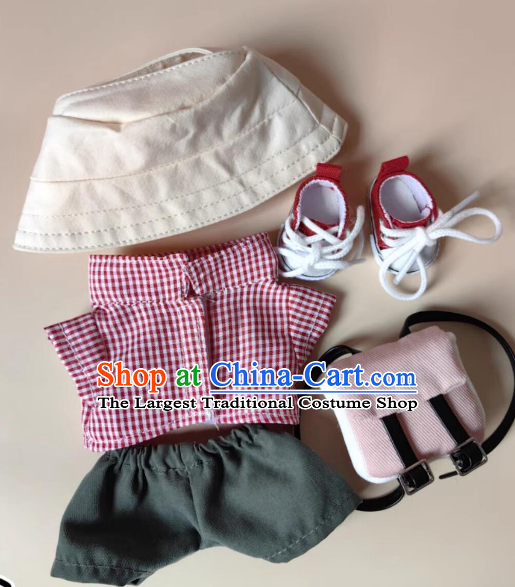 Labubu Doll Costumes Vintage Workwear Set Red Plaid Shirt Fisherman Hat Backpack and Canvas Shoes